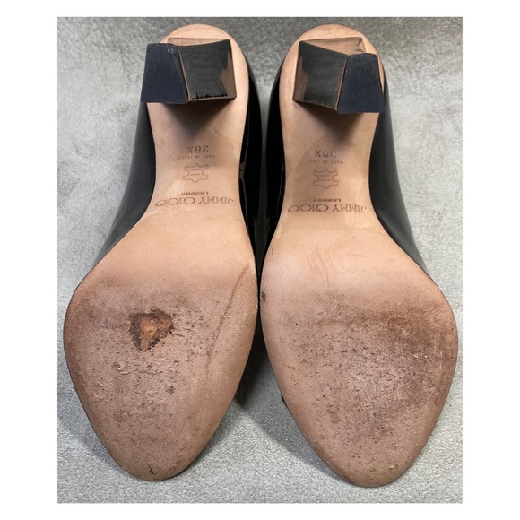 SOLD $$$ JIMMY CHOO Italy Black Patent Leather Block Heel Peep Toe Pump EU 38.5 - Picture 9 of 10